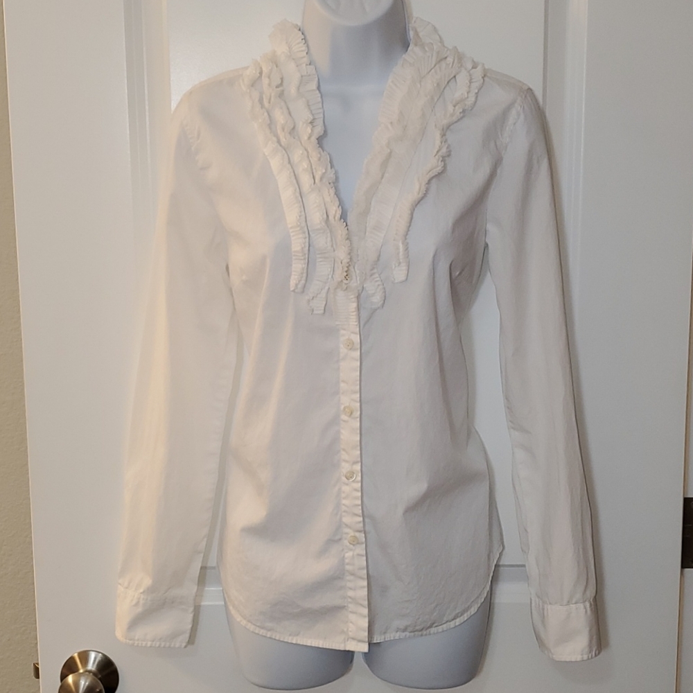 J Crew White Ruffle Buttondown